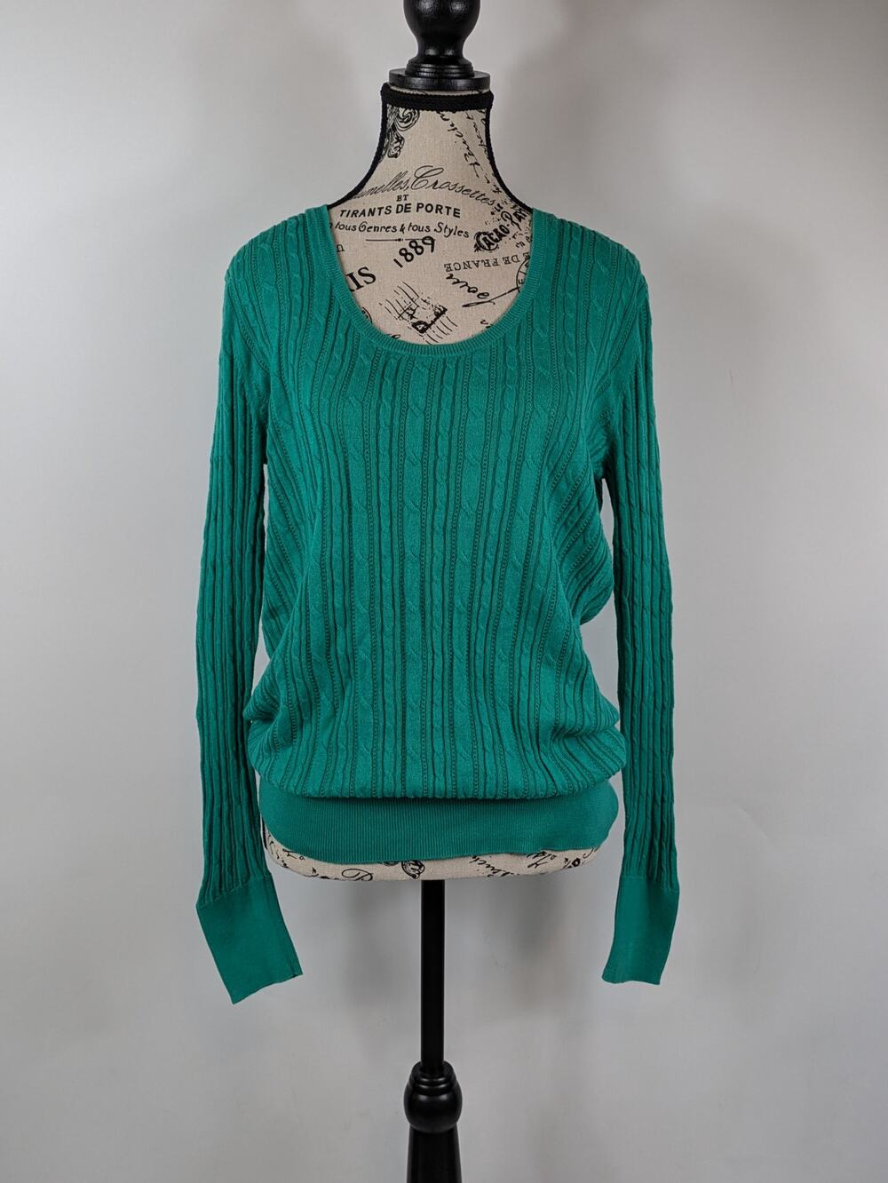 Old Navy Womens Large T-Shirt Long Sleeve Cable Knit Teal Green Low Scoop Neck